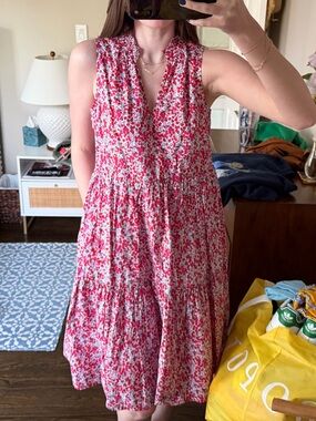 J. Crew Red Floral Sleeveless Tiered Midi Dress